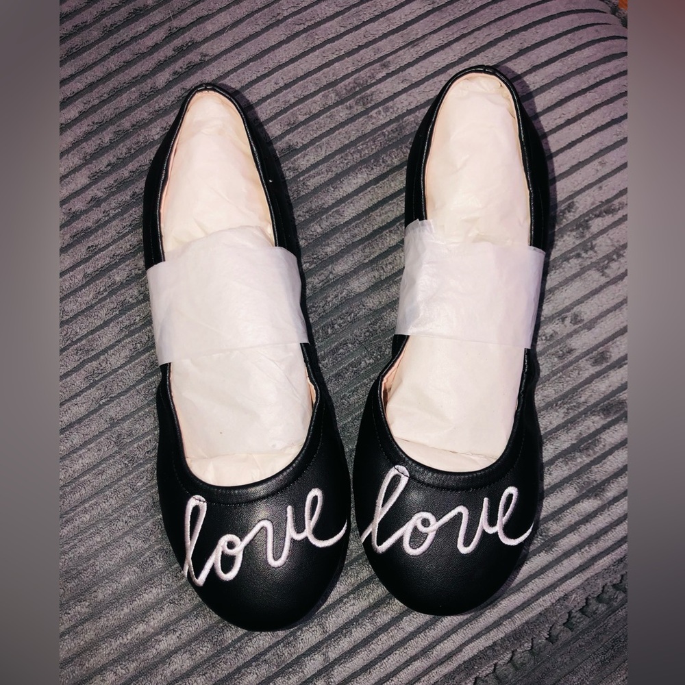Ellen DeGeneres Black Ballet Flats with White 'Love' Embroidery - Kids
